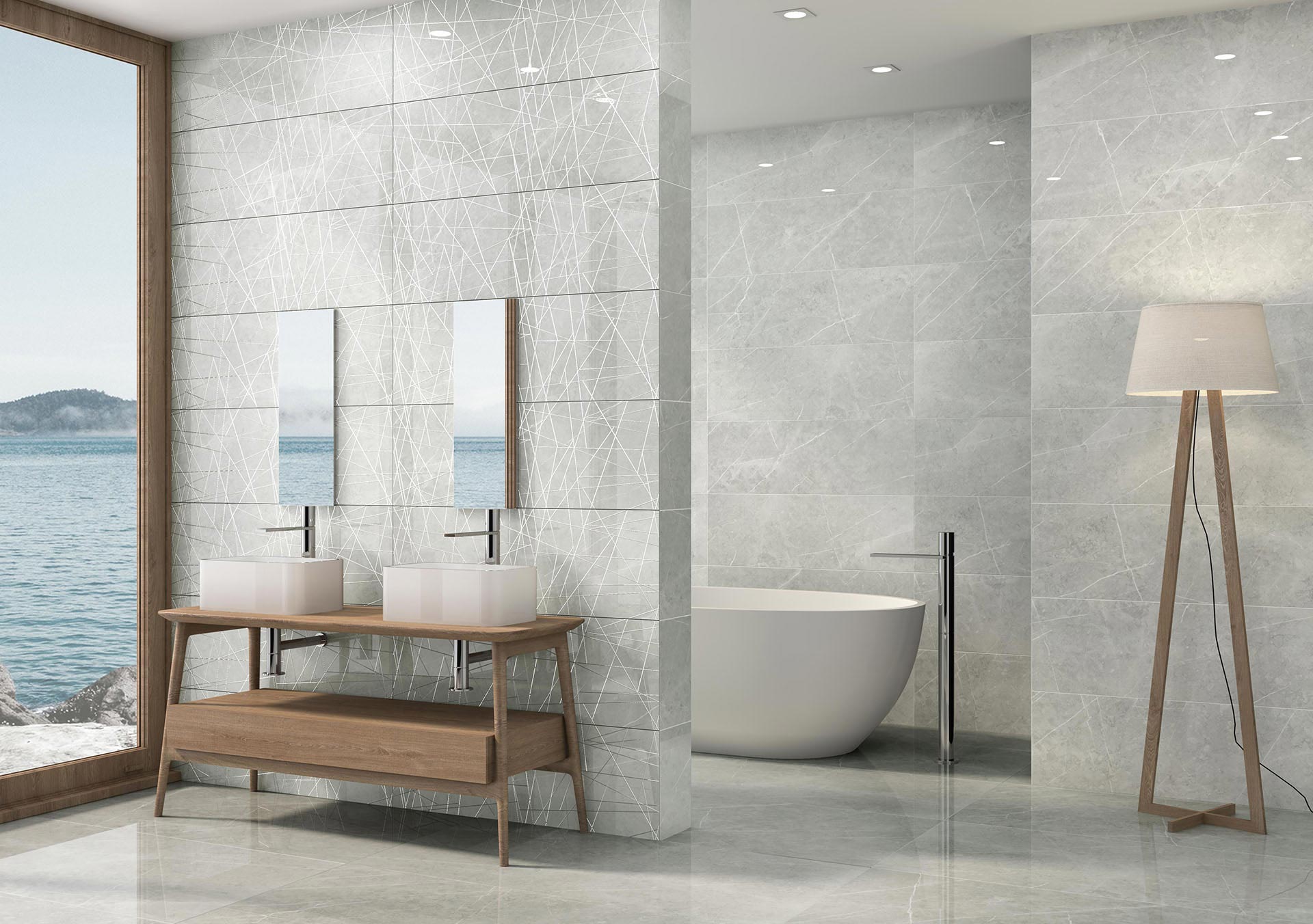 Modern bathroom with marble tiles, wooden vanity, and bathtub.