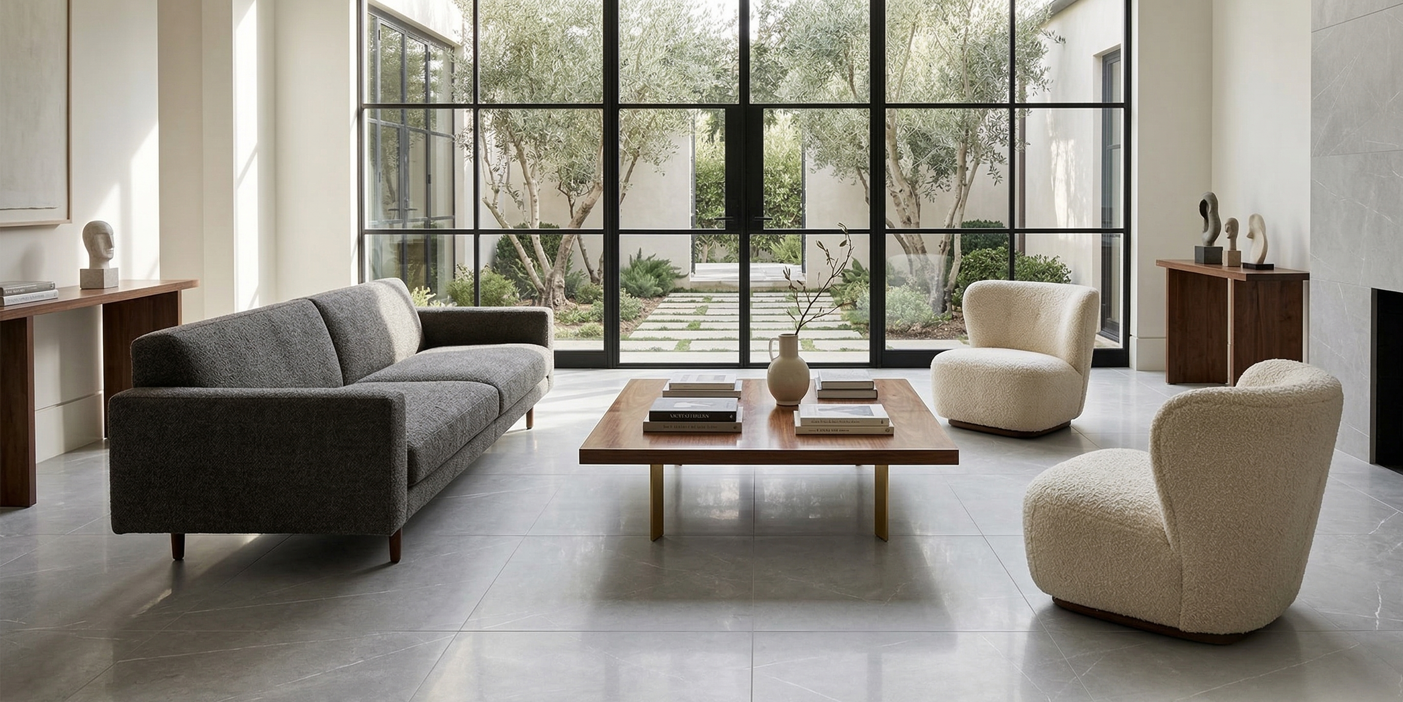 Modern living room with gray sofa, beige armchairs, and wooden coffee table.