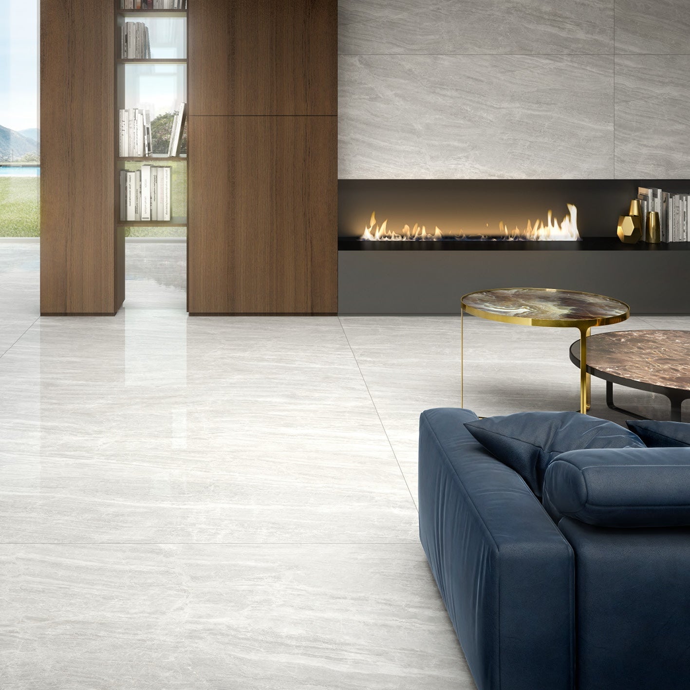 Modern living room with a blue sofa, coffee table, and fireplace.